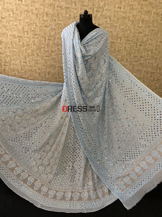 Powder Blue Lucknowi Mirror & Gota Patti Lehenga Set Chikankari
