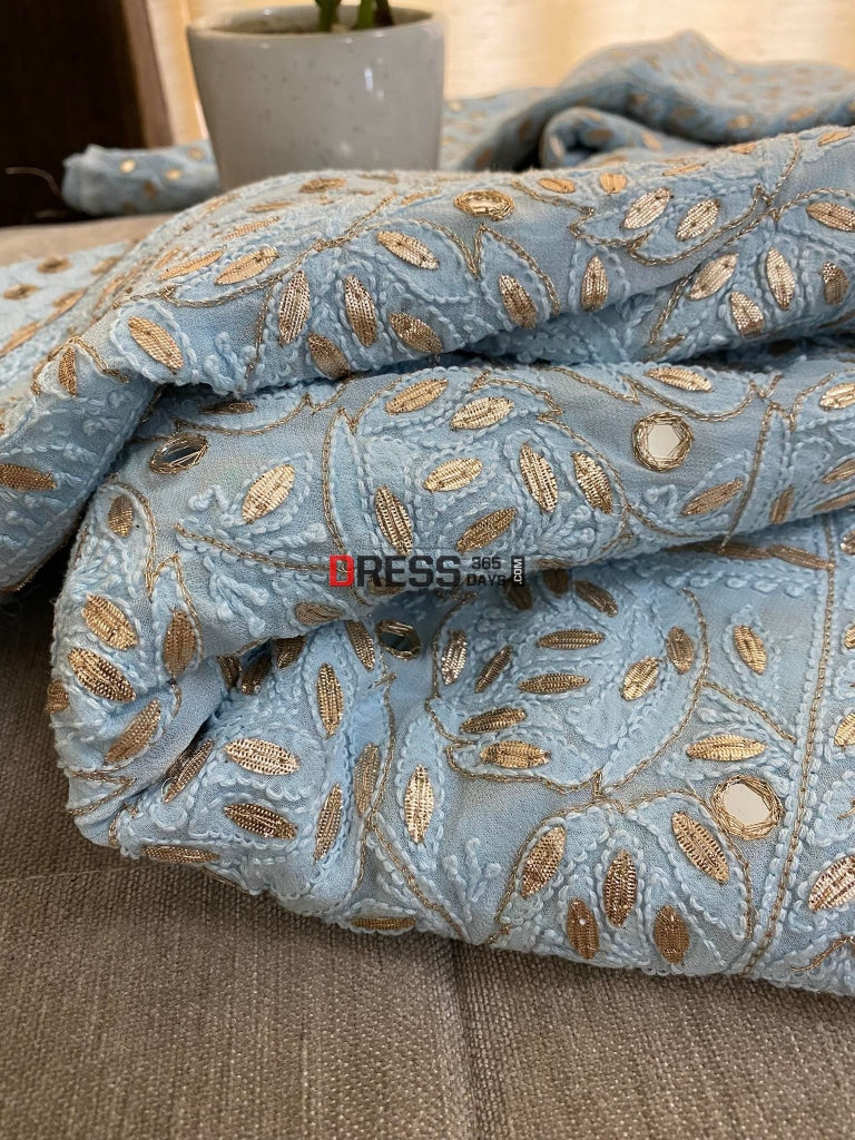 Powder Blue Lucknowi Mirror & Gota Patti Lehenga Set Chikankari