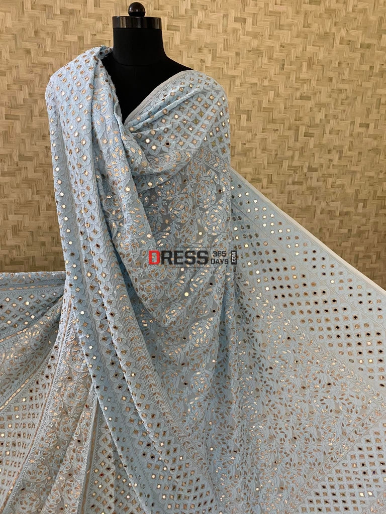 Powder Blue Lucknowi Mirror & Gota Patti Lehenga Set Chikankari