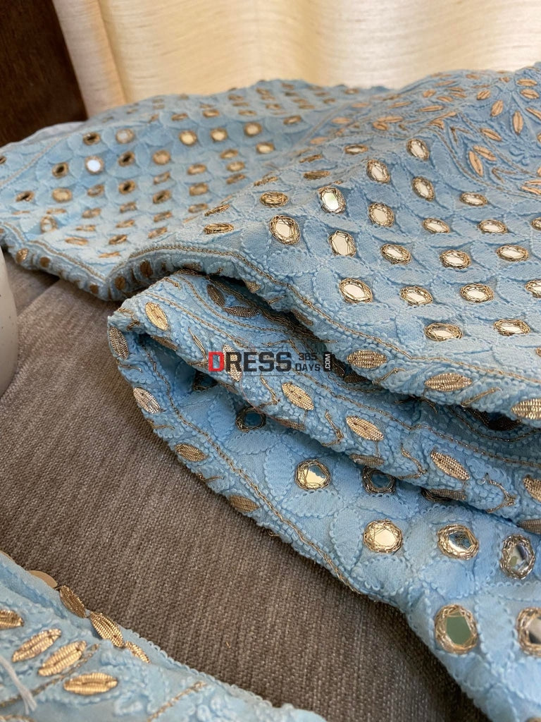 Powder Blue Lucknowi Mirror & Gota Patti Lehenga Set Chikankari