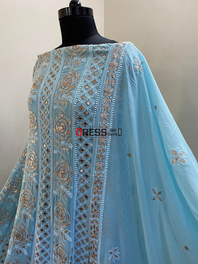 Powder Blue Mirror & Gota Patti Chikankari Anarkali