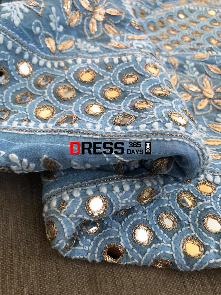 Powder Blue Mirror & Gota Patti Chikankari Anarkali Suit