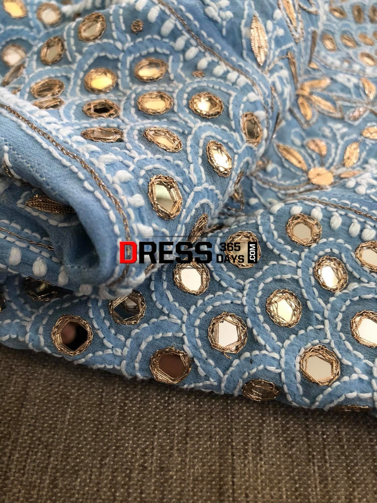 Powder Blue Mirror & Gota Patti Chikankari Anarkali Suit