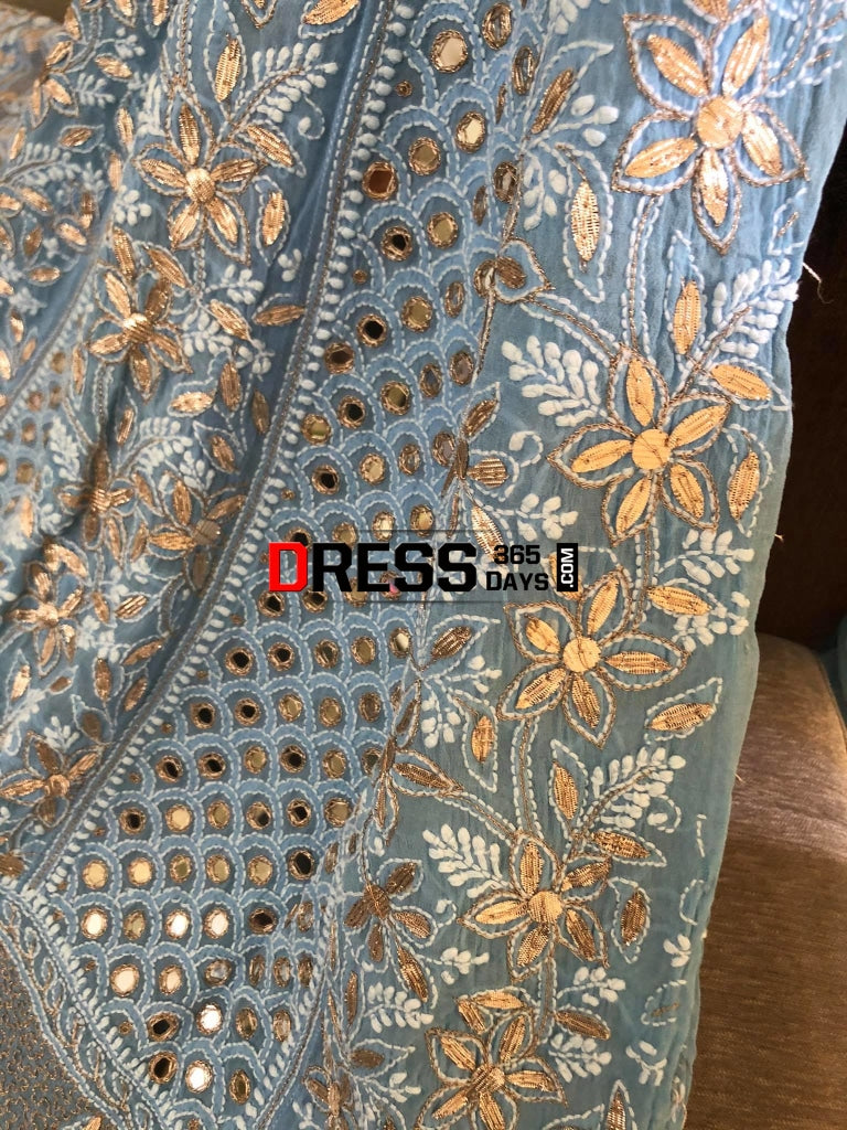 Powder Blue Mirror & Gota Patti Chikankari Anarkali Suit