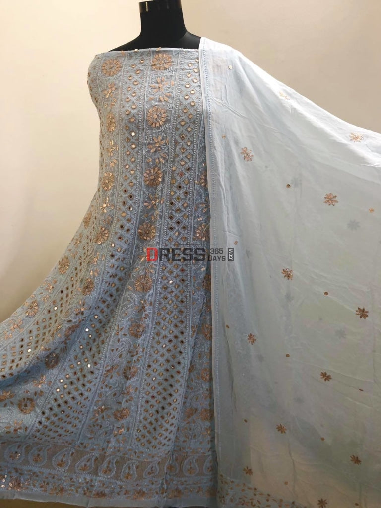 Powder Blue Mirror & Gota Patti Lucknowi Anarkali Suit Chikankari