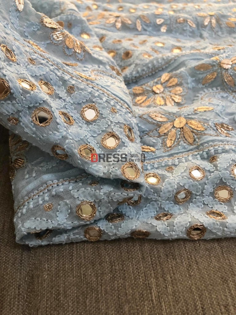Powder Blue Mirror & Gota Patti Lucknowi Anarkali Suit Chikankari