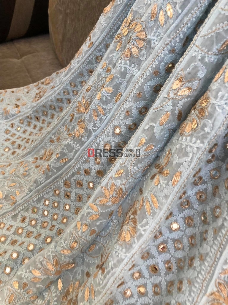 Powder Blue Mirror & Gota Patti Lucknowi Anarkali Suit Chikankari
