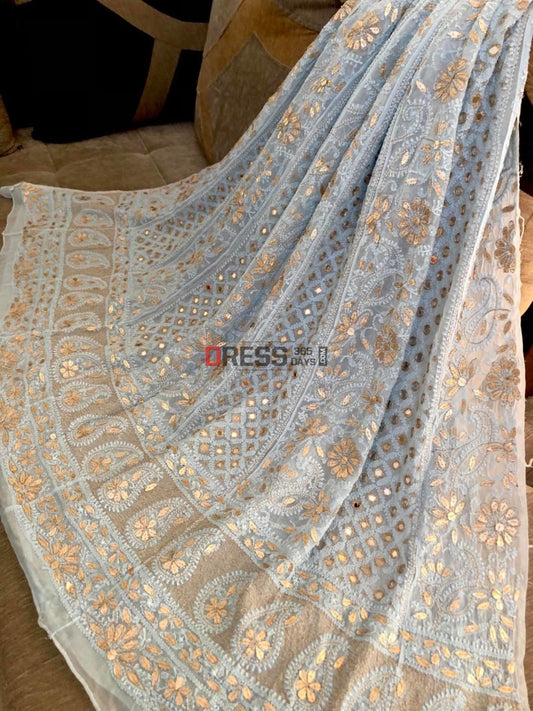 Powder Blue Mirror & Gota Patti Lucknowi Anarkali Suit Chikankari