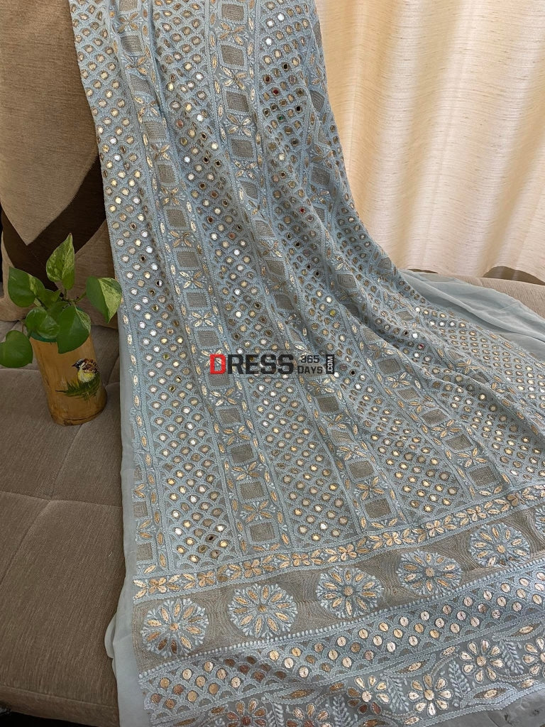 Powder Blue Mirror & Gota Patti Lucknowi Suit Chikankari Suits