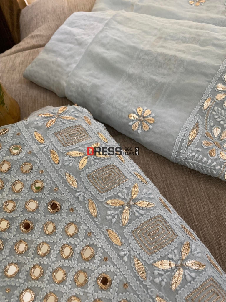 Powder Blue Mirror & Gota Patti Lucknowi Suit Chikankari Suits