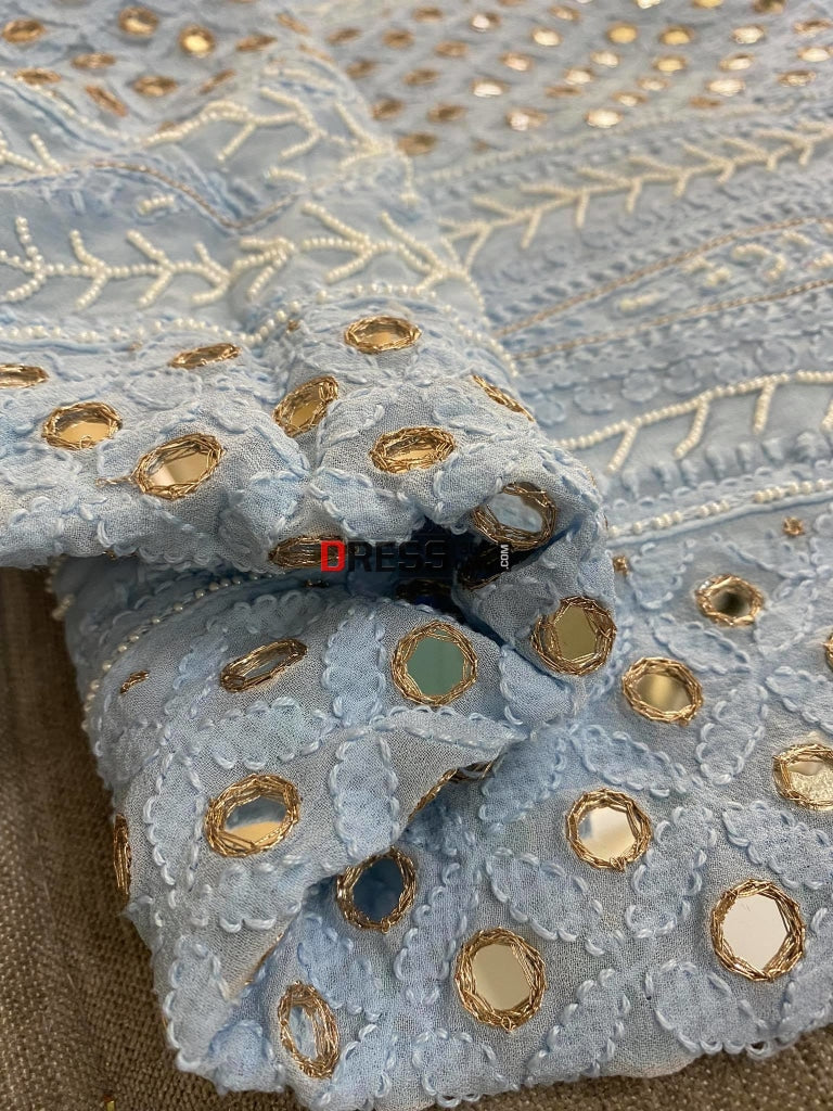 Powder Blue Mirror & Pearl Work Lucknowi Anarkali Suit Chikankari