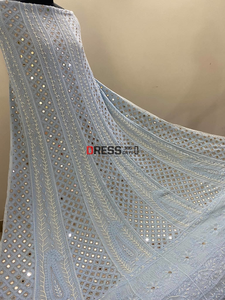 Powder Blue Mirror & Pearl Work Lucknowi Anarkali Suit Chikankari