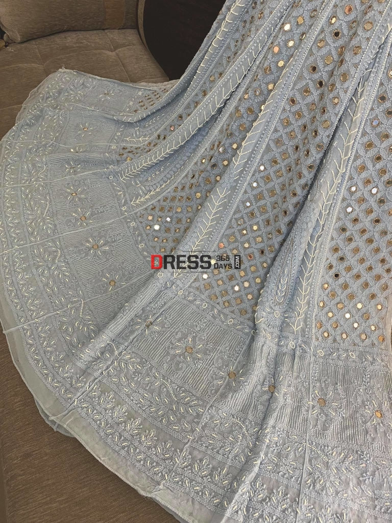 Powder Blue Mirror & Pearl Work Lucknowi Anarkali Suit Chikankari