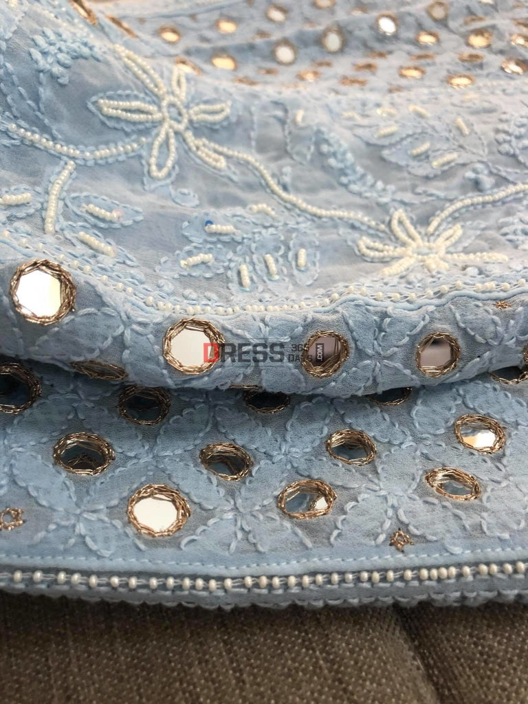 Powder Blue Mirror & Pearls Lucknowi Anarkali Suit Chikankari