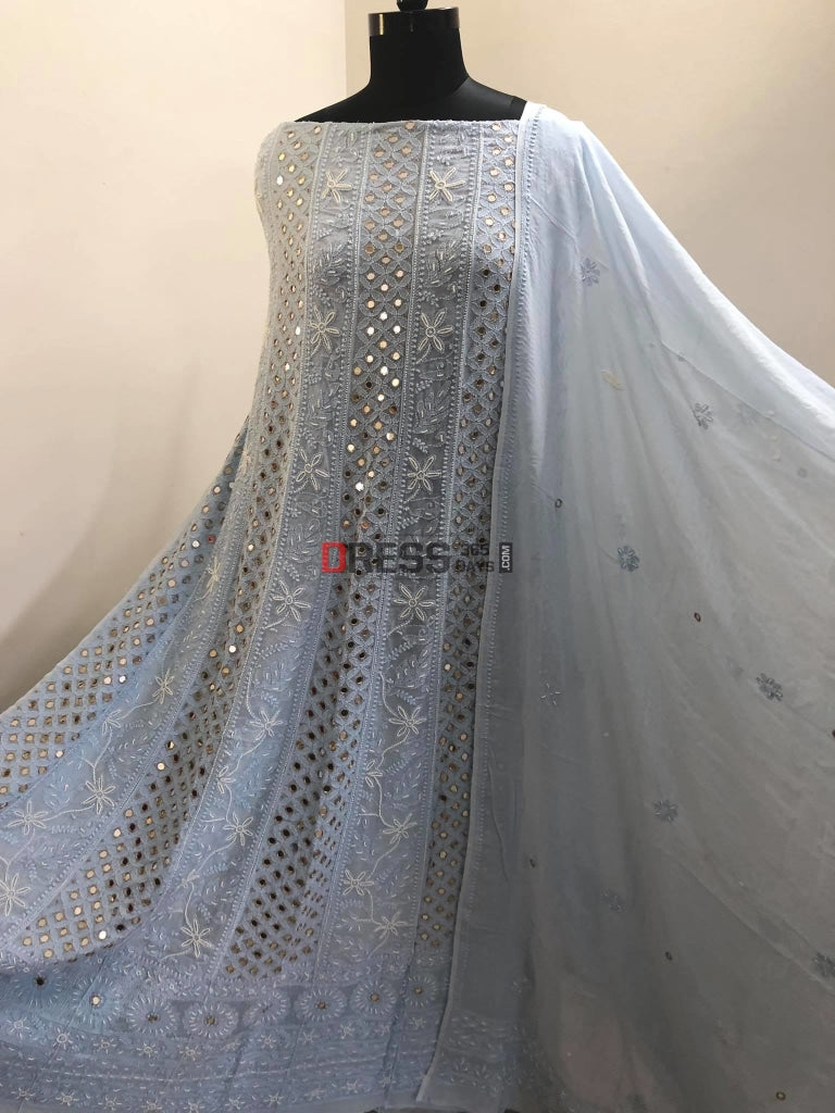 Powder Blue Mirror & Pearls Lucknowi Anarkali Suit Chikankari