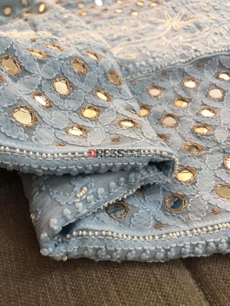 Powder Blue Mirror & Pearls Lucknowi Anarkali Suit Chikankari