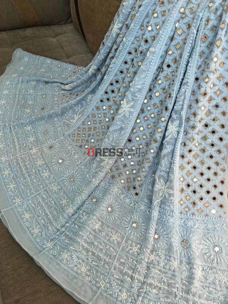 Powder Blue Mirror & Pearls Lucknowi Anarkali Suit Chikankari