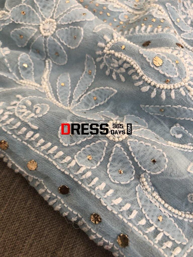 Powder Blue Mukaish And Pearl Lucknowi Anarkali Suit Chikankari