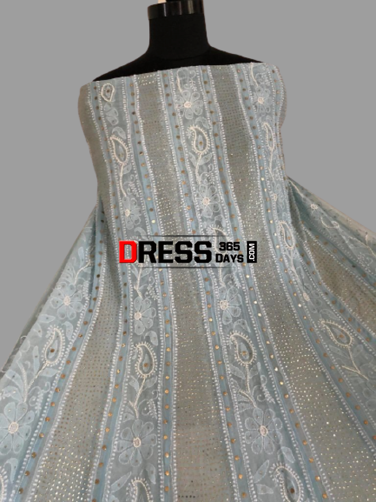 Powder Blue Mukaish And Pearl Lucknowi Anarkali Suit Chikankari