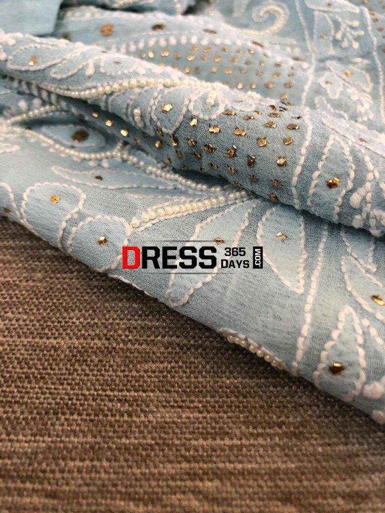 Powder Blue Mukaish And Pearl Lucknowi Anarkali Suit Chikankari