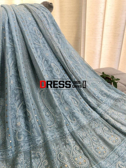 Powder Blue Mukaish And Pearl Lucknowi Anarkali Suit Chikankari