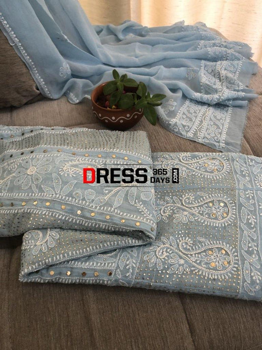 Powder Blue Mukaish And Pearl Lucknowi Anarkali Suit Chikankari