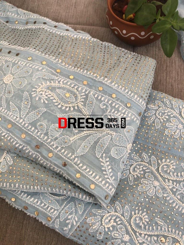 Powder Blue Mukaish And Pearl Lucknowi Anarkali Suit Chikankari