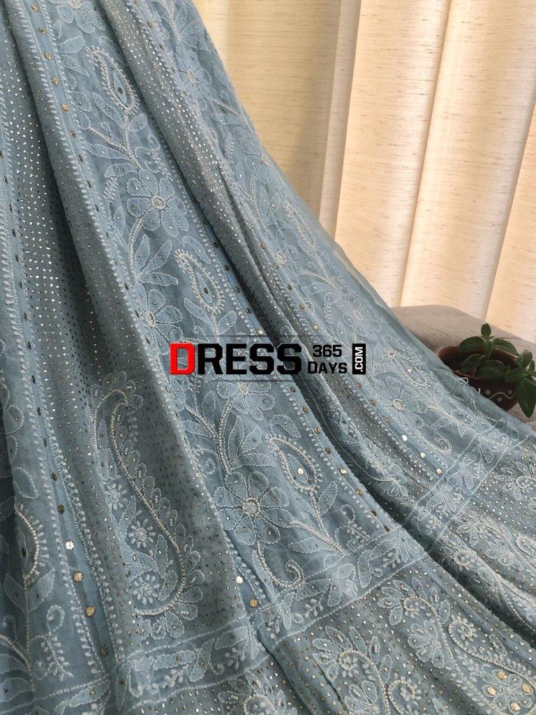 Powder Blue Mukaish And Pearl Lucknowi Anarkali Suit Chikankari