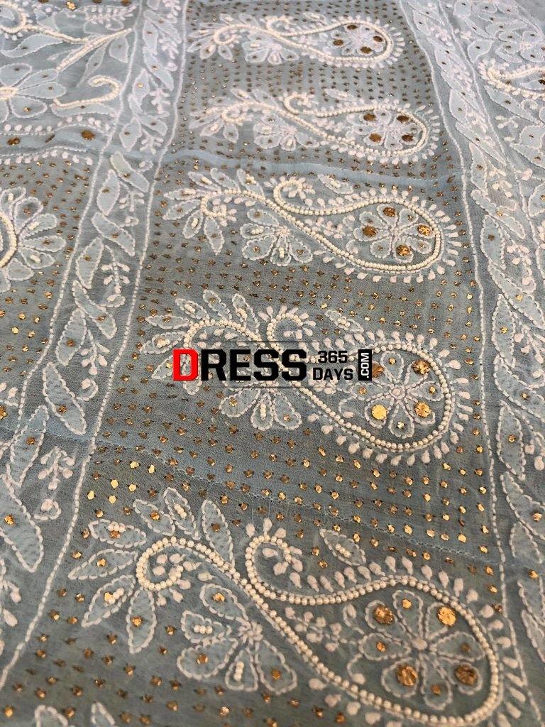 Powder Blue Mukaish And Pearl Lucknowi Anarkali Suit Chikankari