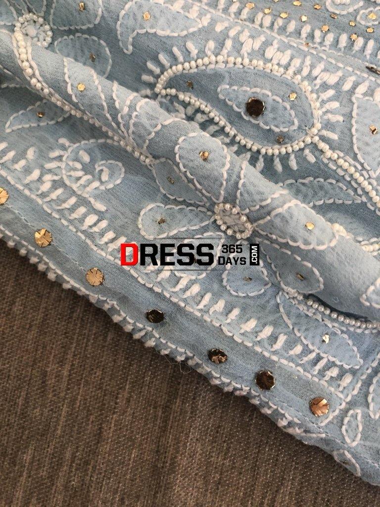 Powder Blue Mukaish And Pearl Lucknowi Anarkali Suit Chikankari