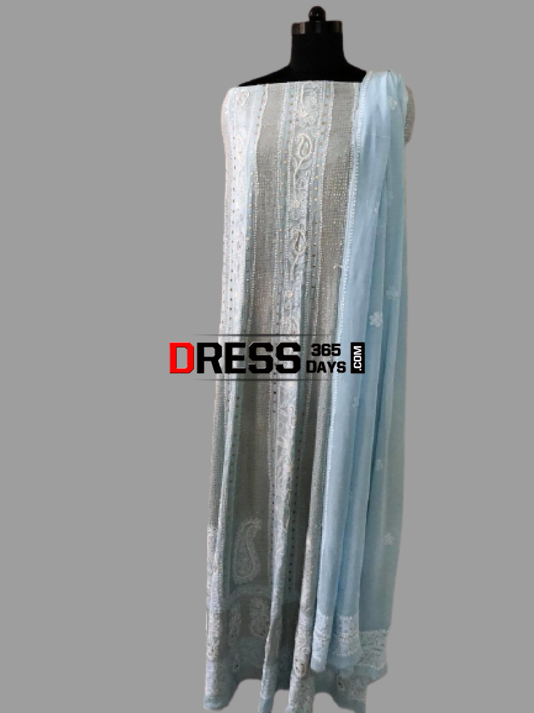 Powder Blue Mukaish And Pearl Lucknowi Anarkali Suit Chikankari