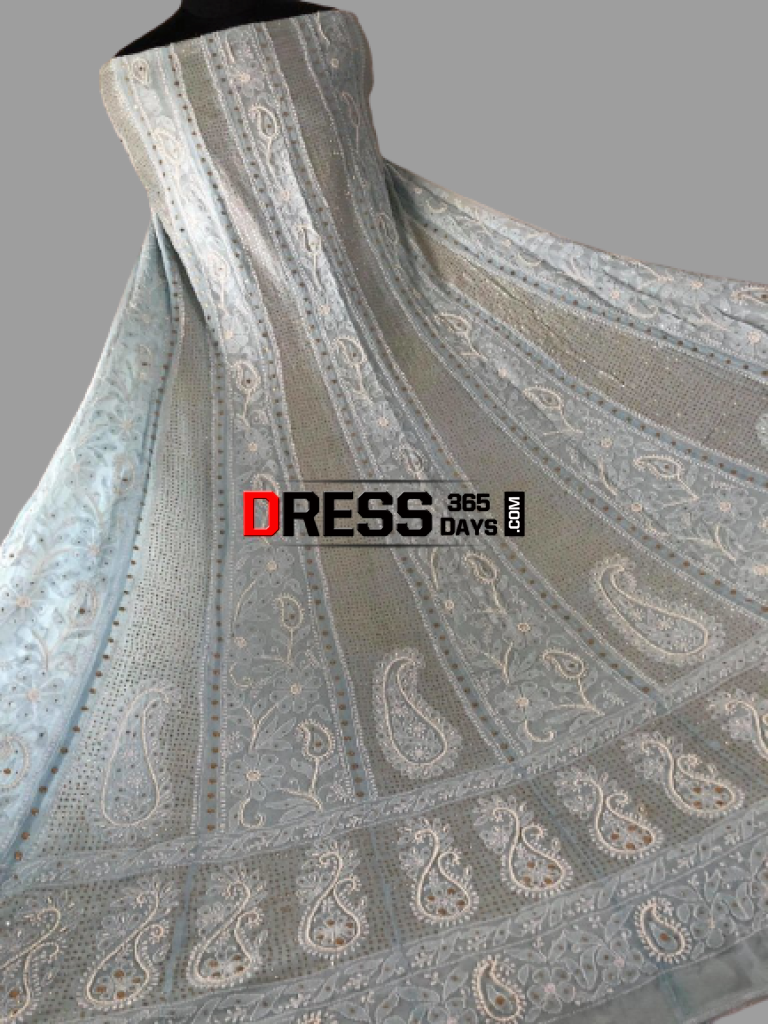 Powder Blue Mukaish And Pearl Lucknowi Anarkali Suit Chikankari