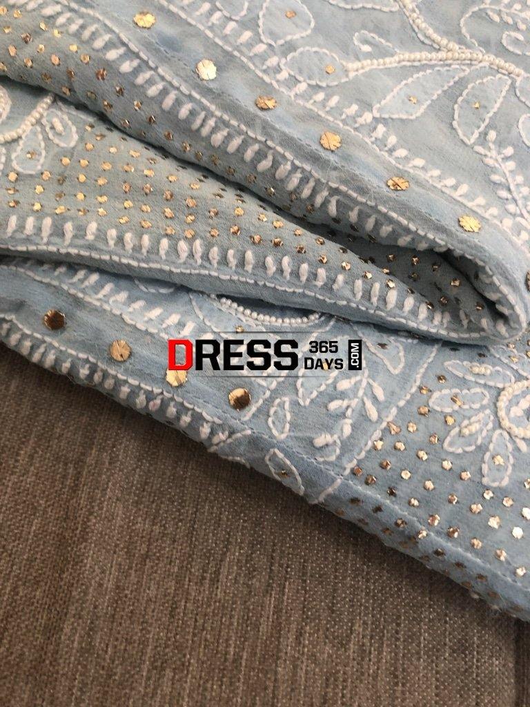 Powder Blue Mukaish And Pearl Lucknowi Anarkali Suit Chikankari