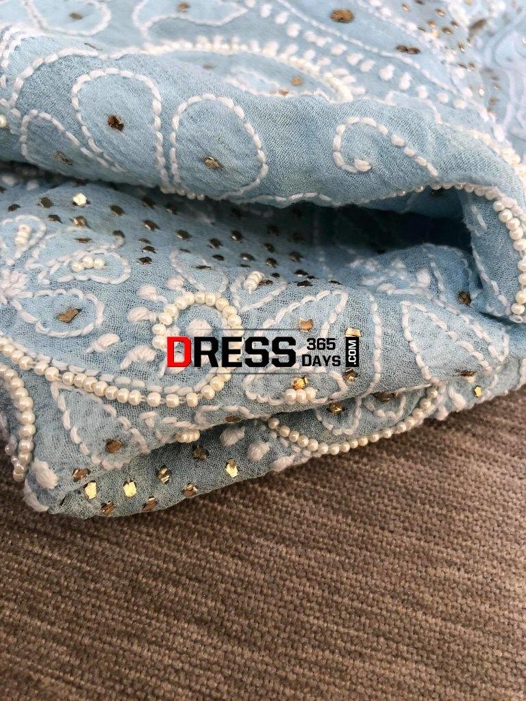 Powder Blue Mukaish And Pearl Lucknowi Anarkali Suit Chikankari