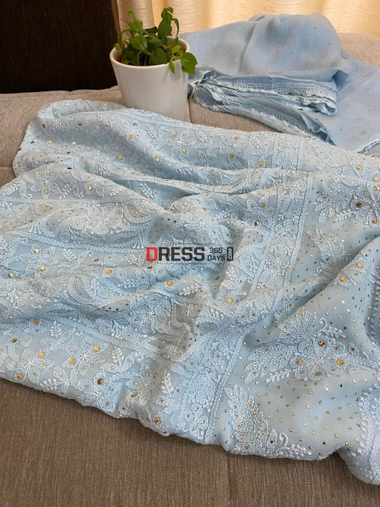 Powder Blue Mukaish Chikankari Kurta Dupatta Suits