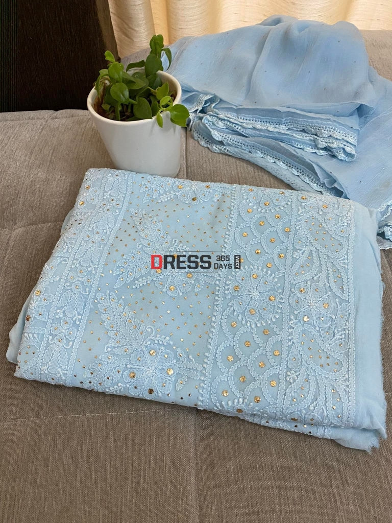 Powder Blue Mukaish Chikankari Kurta Dupatta Suits