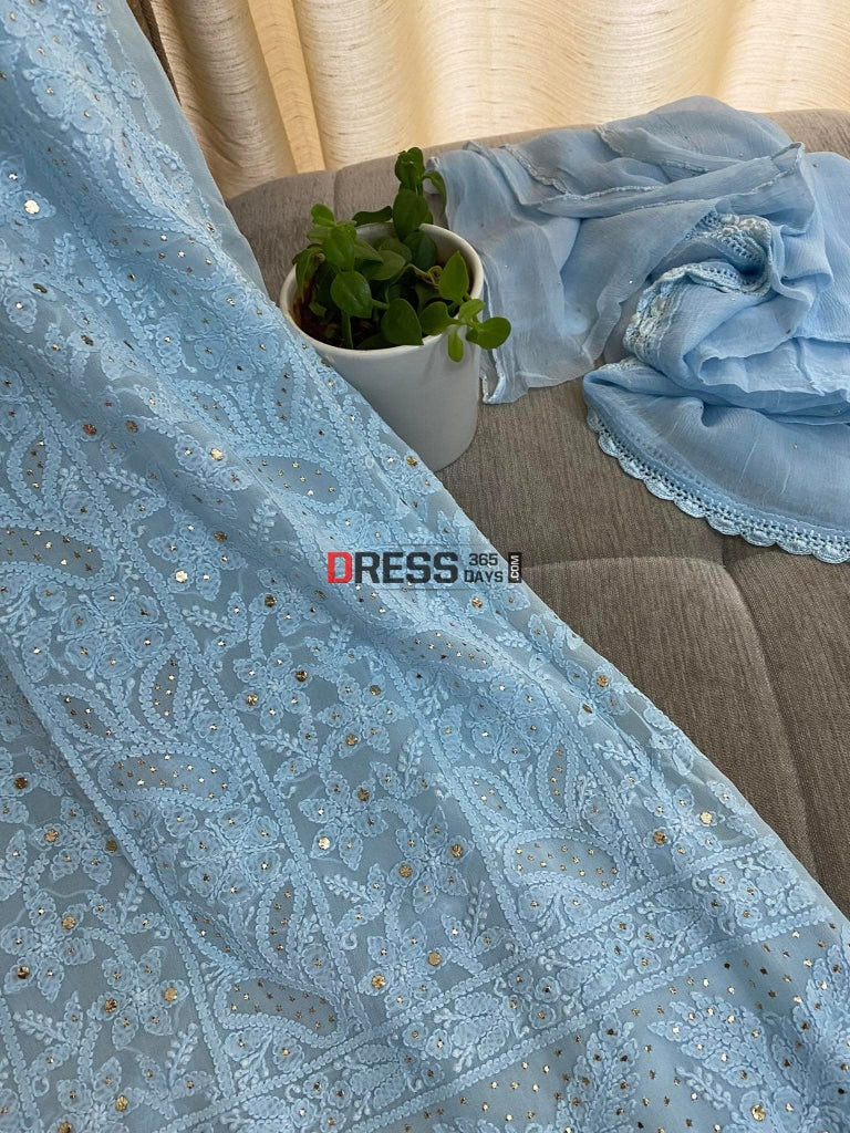 Powder Blue Mukaish Chikankari Kurta Dupatta Suits