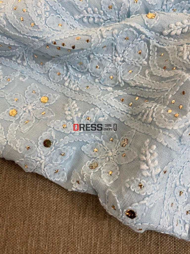 Powder Blue Mukaish Chikankari Kurta Dupatta Suits