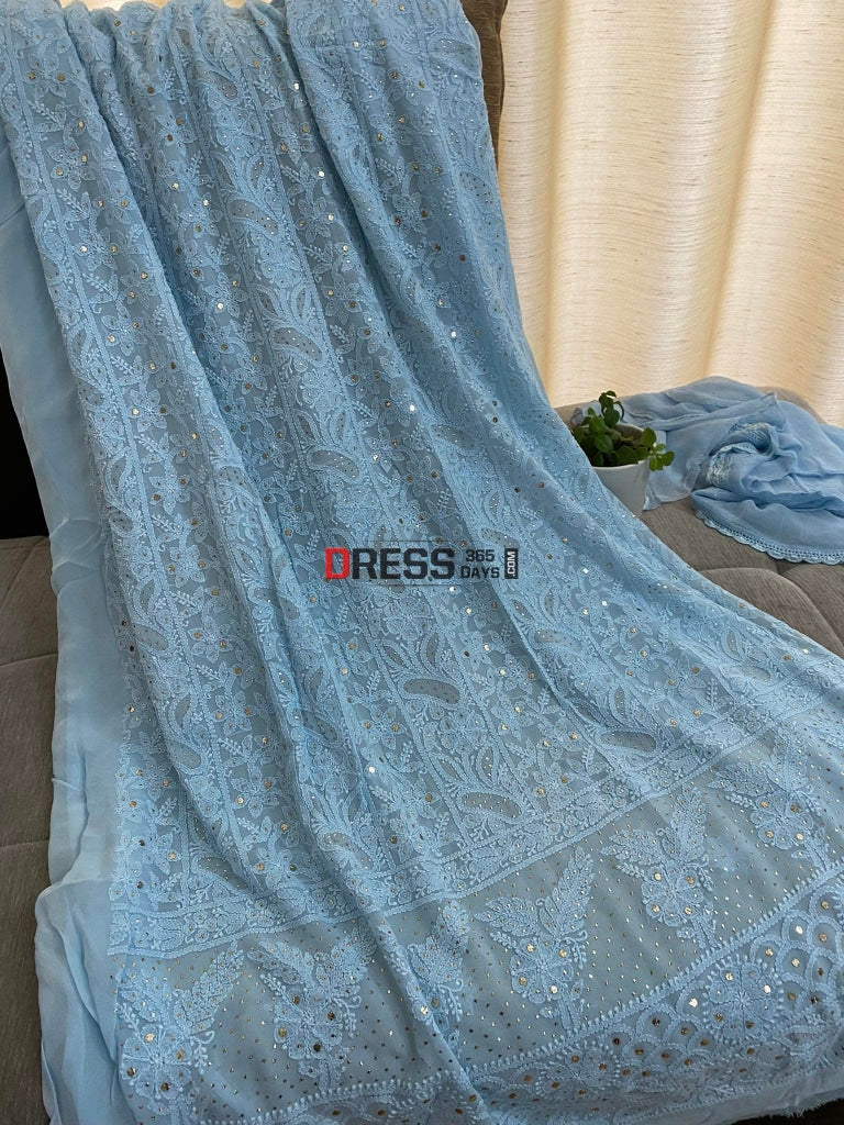 Powder Blue Mukaish Chikankari Kurta Dupatta Suits