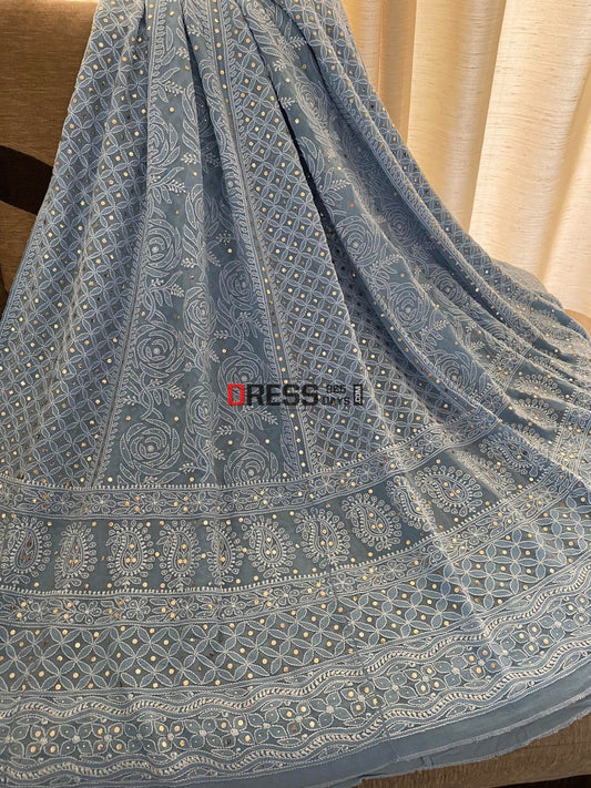 Powder Blue Mukaish Chikankari Lehenga Skirt (Only Skirt)