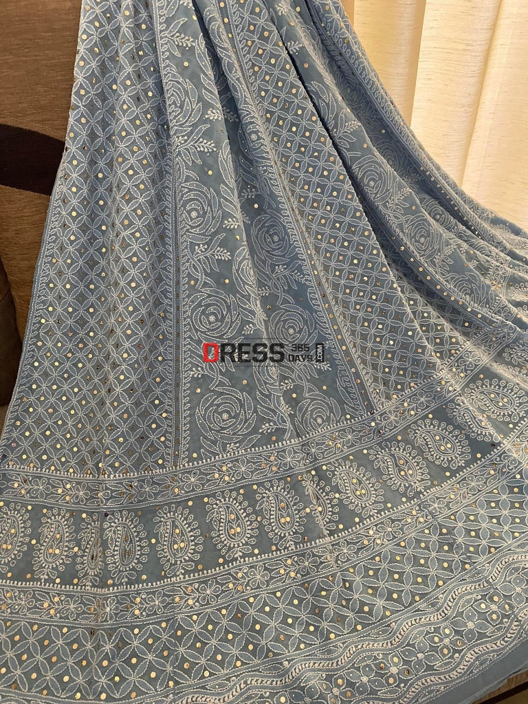 Powder Blue Mukaish Chikankari Lehenga Skirt (Only Skirt)