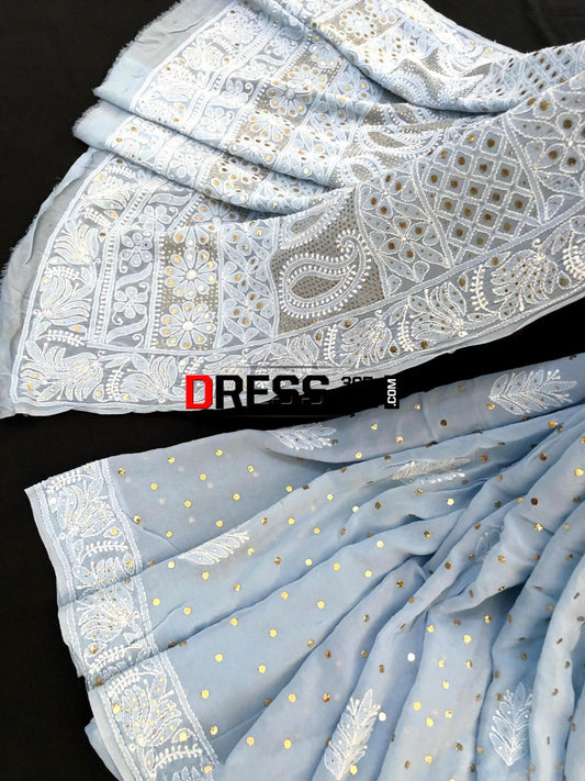 Powder Blue Mukaish Chikankari Saree Saree