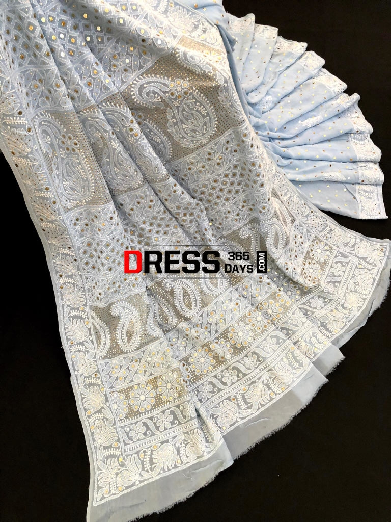 Powder Blue Mukaish Chikankari Saree Saree