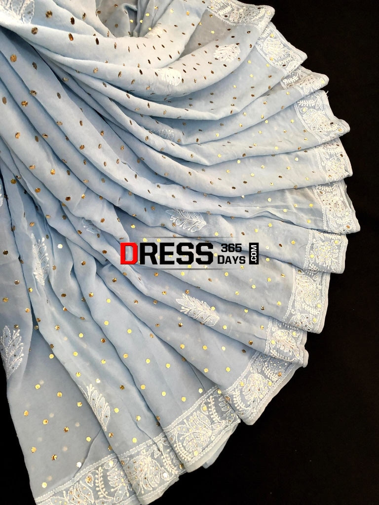 Powder Blue Mukaish Chikankari Saree Saree