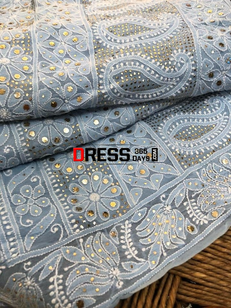 Powder Blue Mukaish Chikankari Saree Saree