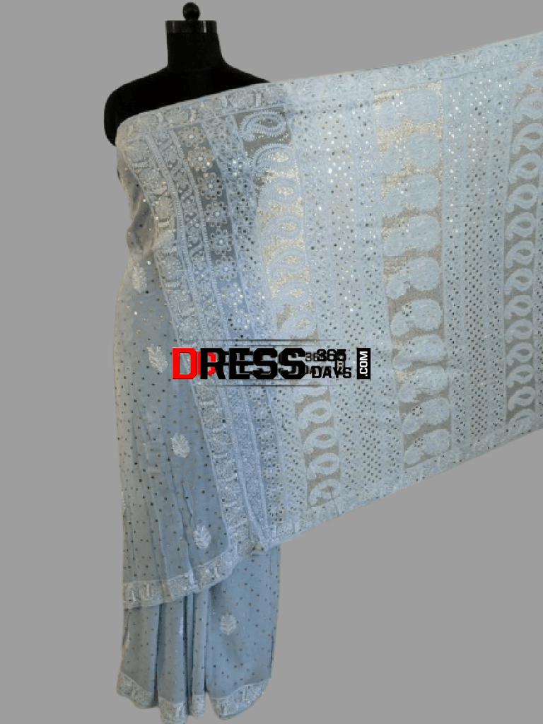 Powder Blue Mukaish Chikankari Saree Saree