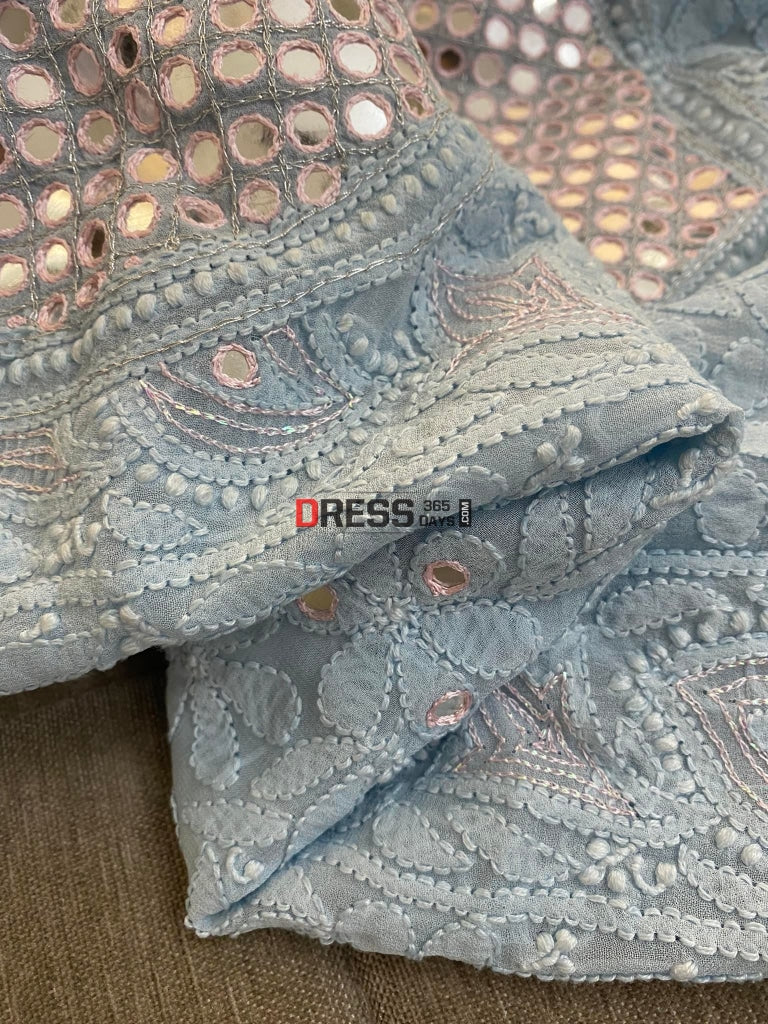 Powder Blue Neckline Chikankari Kurta Dupatta Suits