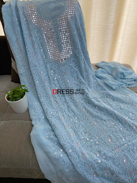 Powder Blue Neckline Chikankari Kurta Dupatta Suits