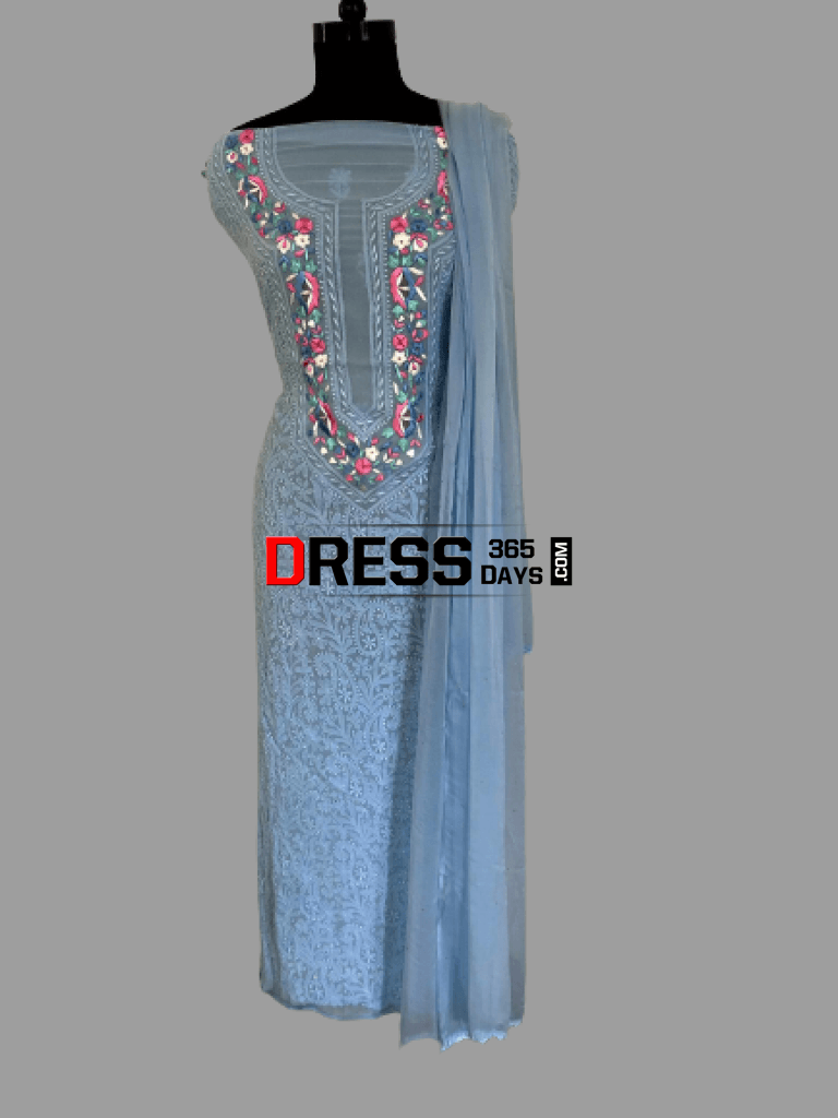Powder Blue Parsi Gara Chikankari Suit Suits