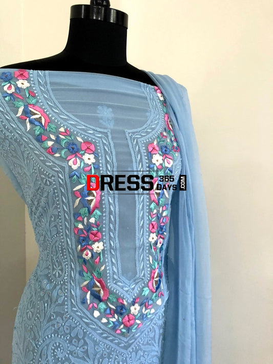 Powder Blue Parsi Gara Chikankari Suit Suits